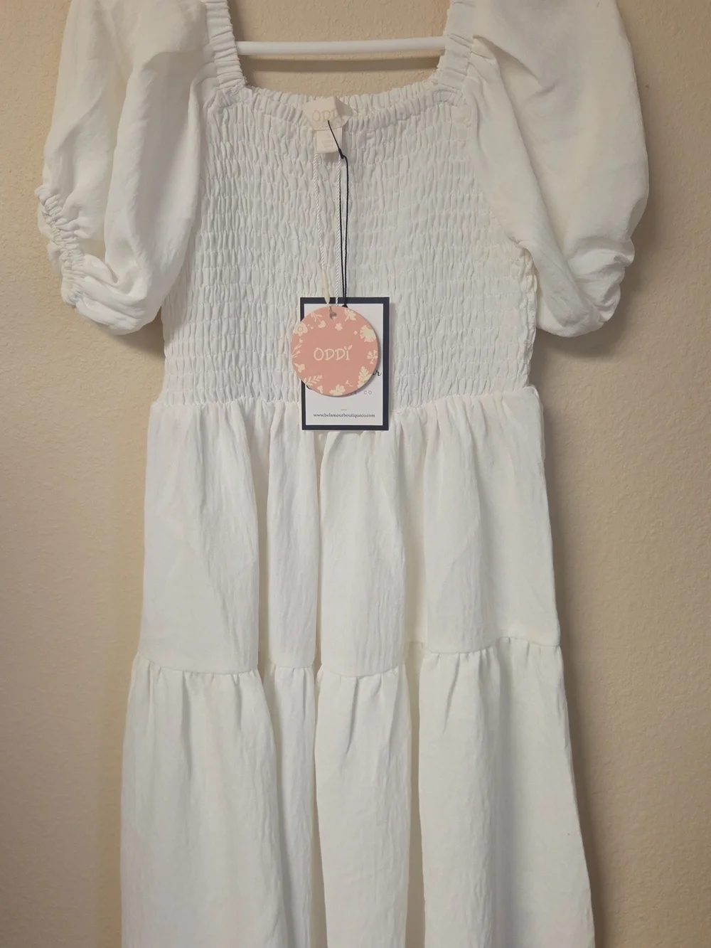 ODDI White Smocked Puff Sleeve Girls' Casual Dress